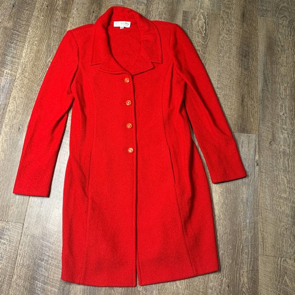 St. John Collection Jackets & Blazers - St, John Coat Jacket Womens Size 10 Red Half Button Long Sleeves Shoulder Pads